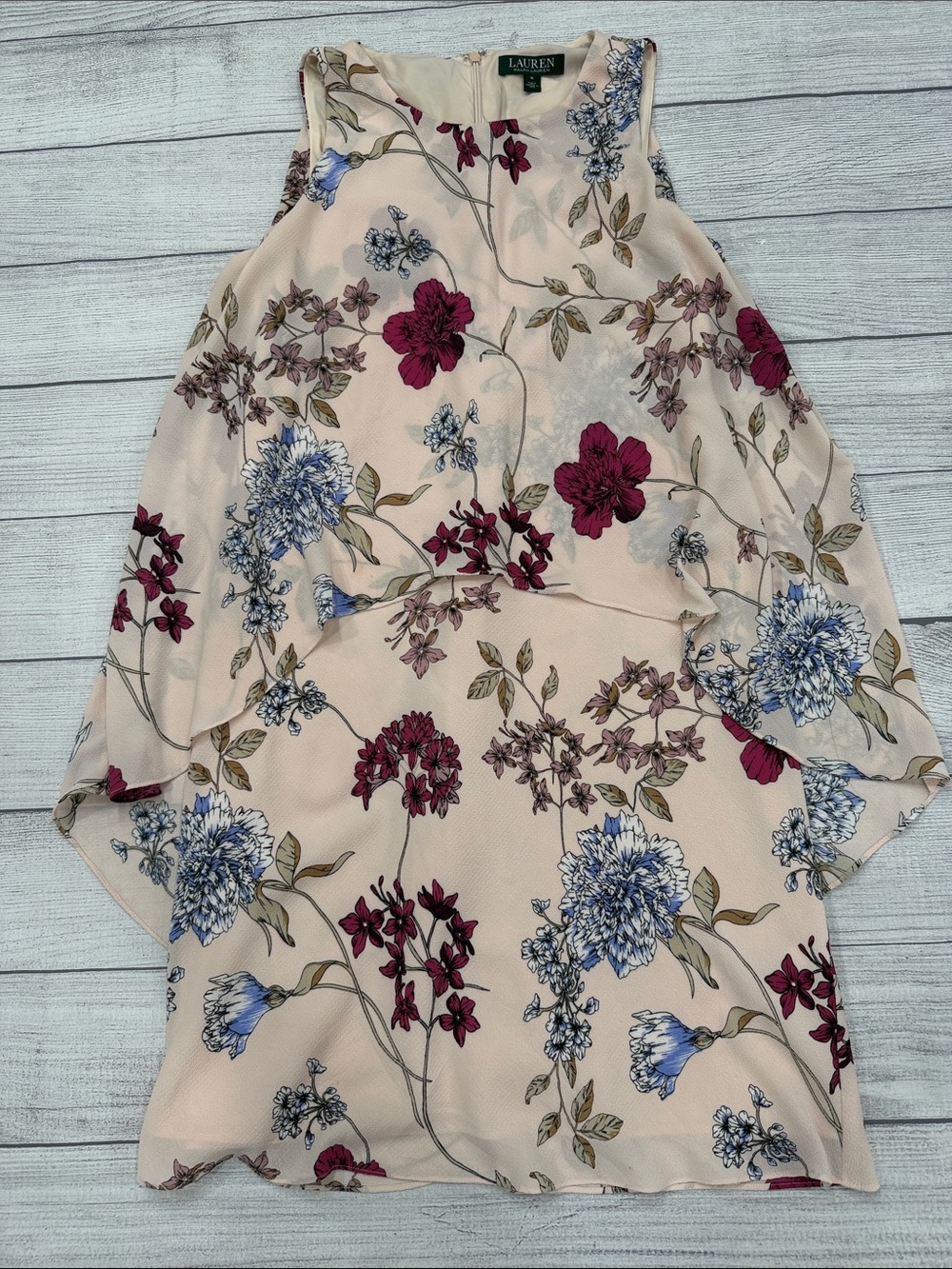 Lauren Ralph Lauren Floral Overlay Dress Pink Blue Sleeveless Size 8